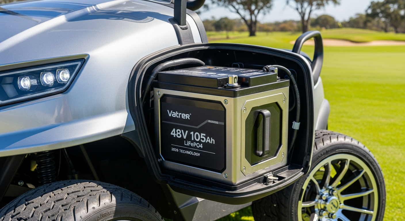 Vatrer 48V 105Ah LiFePO4 lithium golf cart battery with metal casing and BMS system