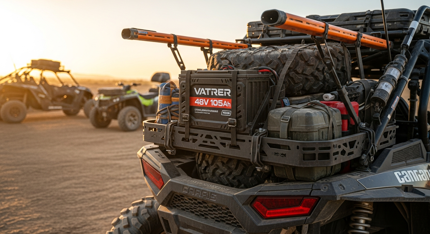 Vatrer 48V 105Ah Lithium Golf Cart Battery mounted on off-road UTV in rugged terrain