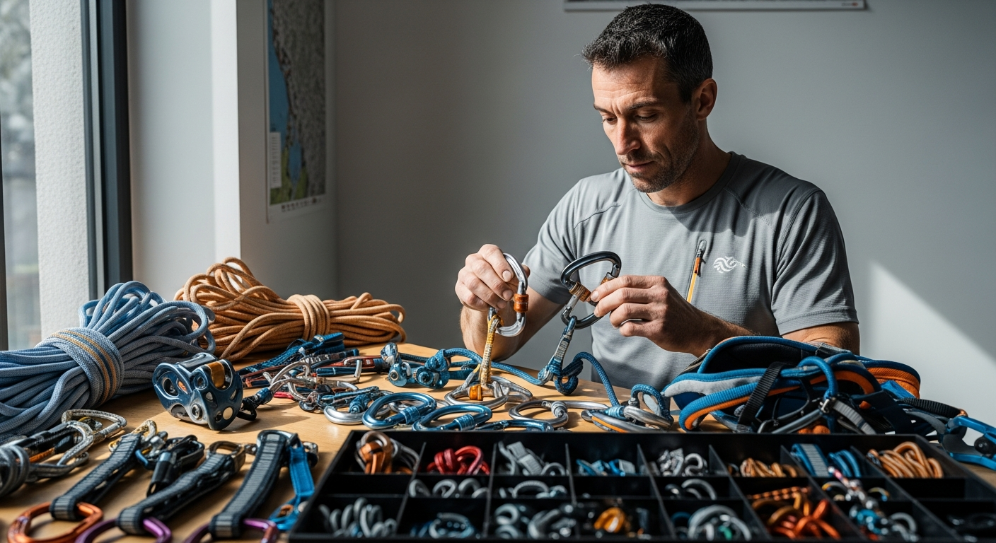 Climber selecting premium climbing gear and mountaineering equipment at Verticalextreme AT store