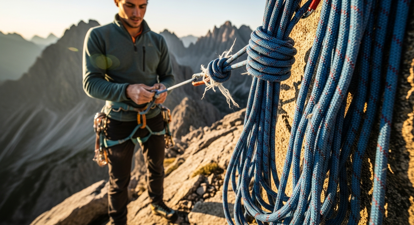 High-performance dynamic climbing rope coiled on rocky mountain terrain