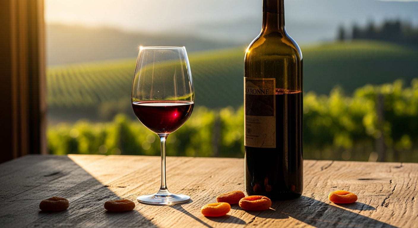 A bottle of Amarone della Valpolicella Classico DOCG red wine displayed with wine glass and grapes