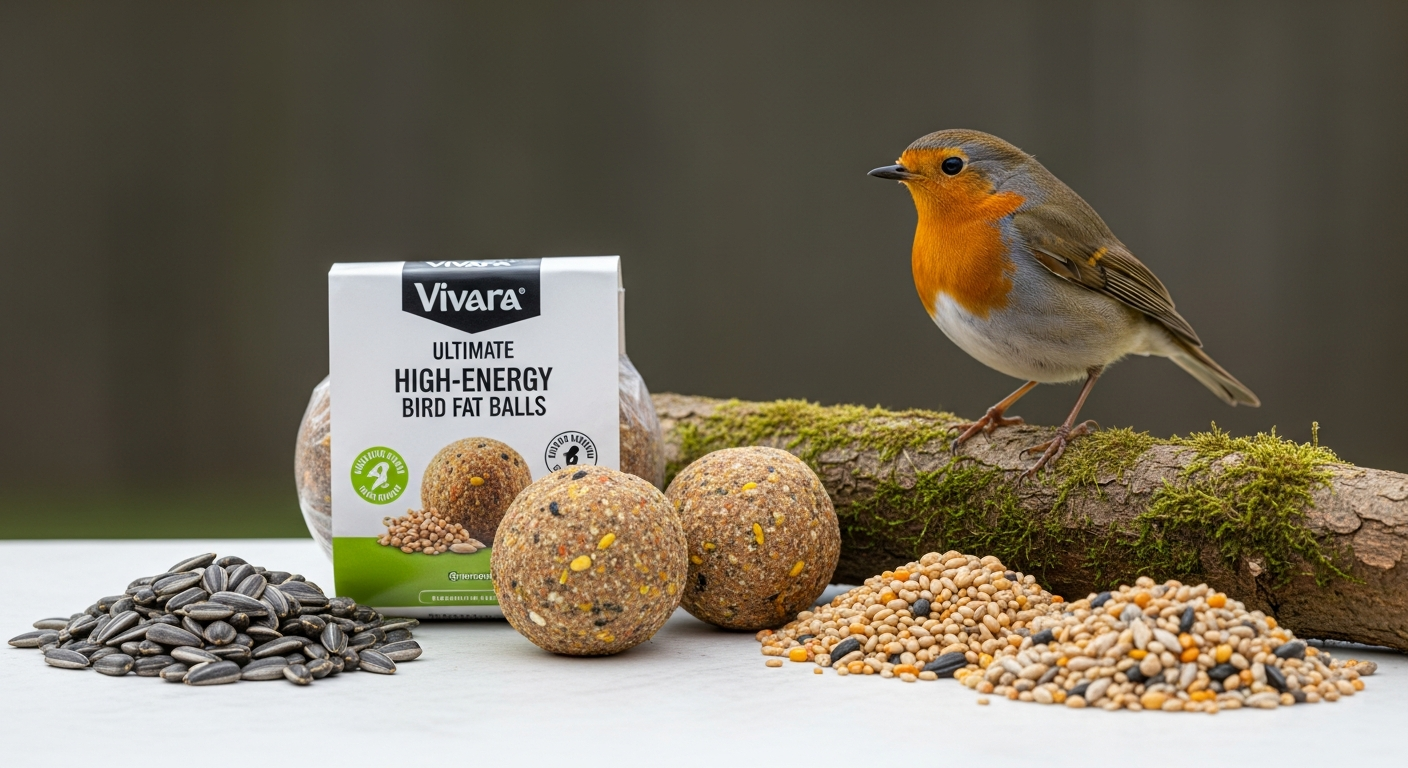 Vivara Ultimate High-Energy Bird Fat Balls in packaging displayed with garden birds feeding
