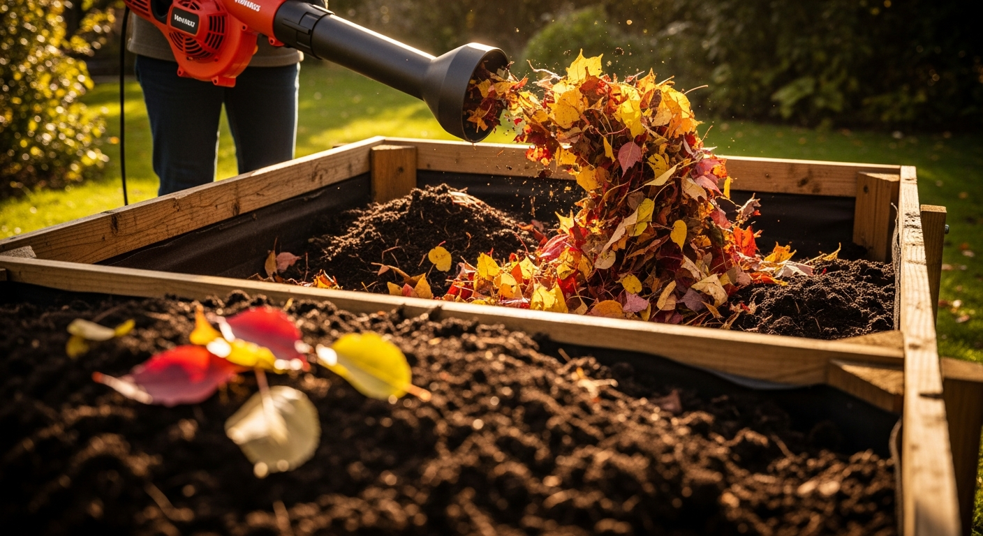 VonHaus 3-in-1 Leaf Blower Vacuum Mulcher in action clearing autumn garden leaves