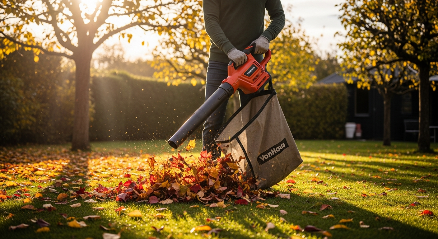 VonHaus 3-in-1 leaf blower vacuum mulcher in action clearing autumn garden leaves