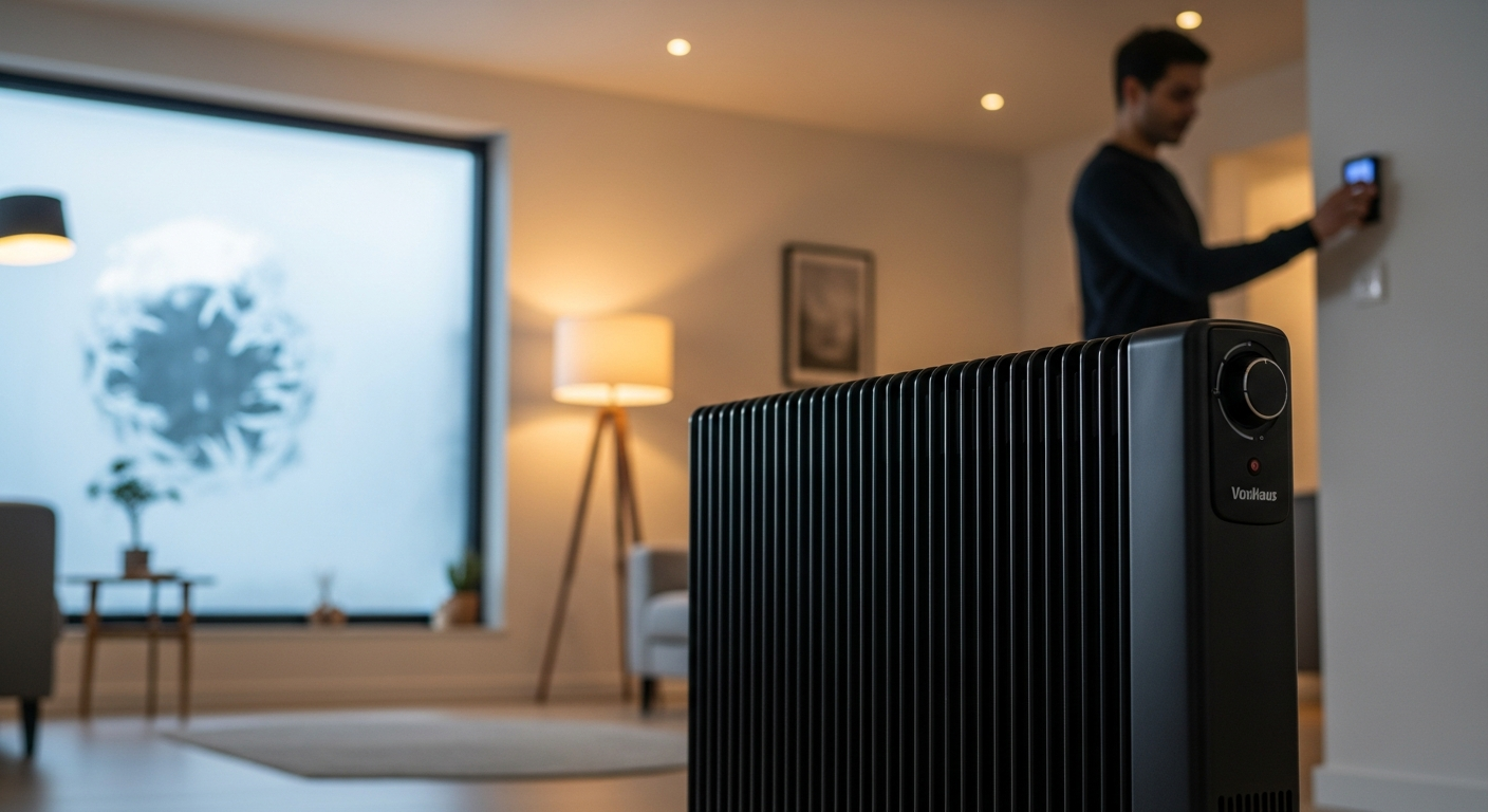VonHaus 2000W 9-Fin Oil Filled Radiator Heater displayed in a modern living room setting