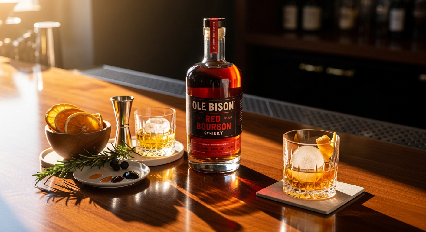 Ole Bison Red Bourbon Whiskey bottle with cocktail ingredients and mixing tools on wooden bar surface