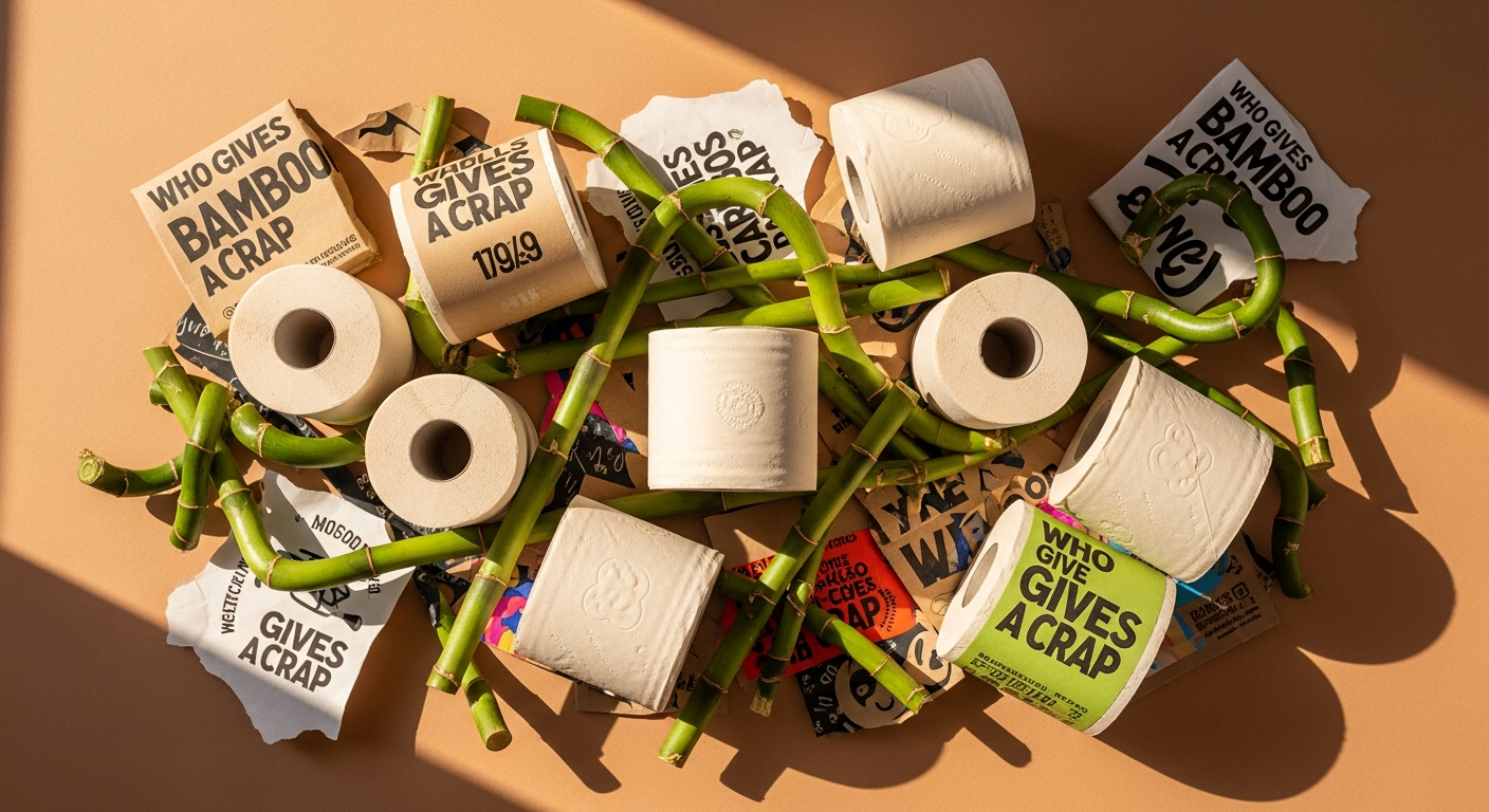 Who Gives A Crap 100% bamboo toilet paper rolls in cardboard packaging displayed on white background