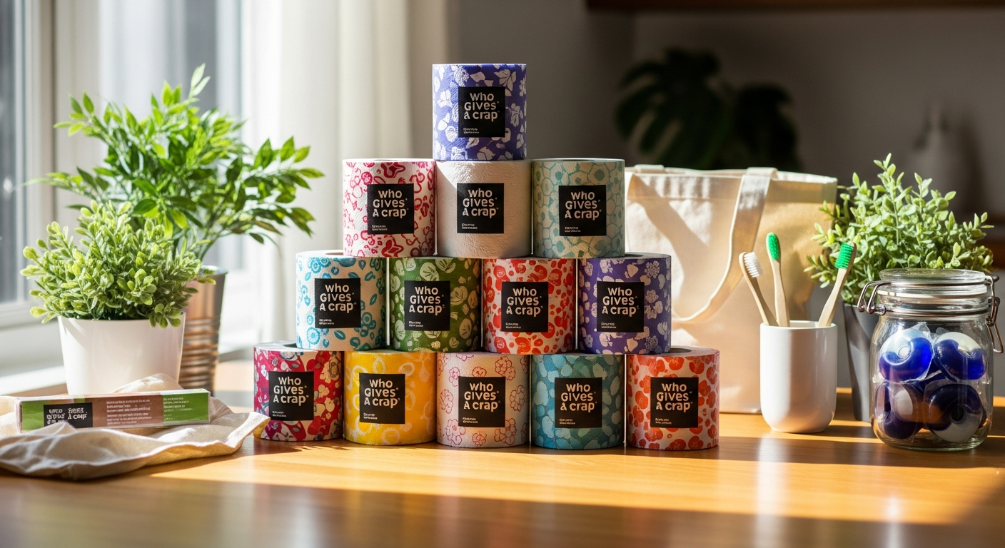 Who Gives A Crap 100% recycled toilet paper rolls stacked showing colorful paper packaging and double-length roll design
