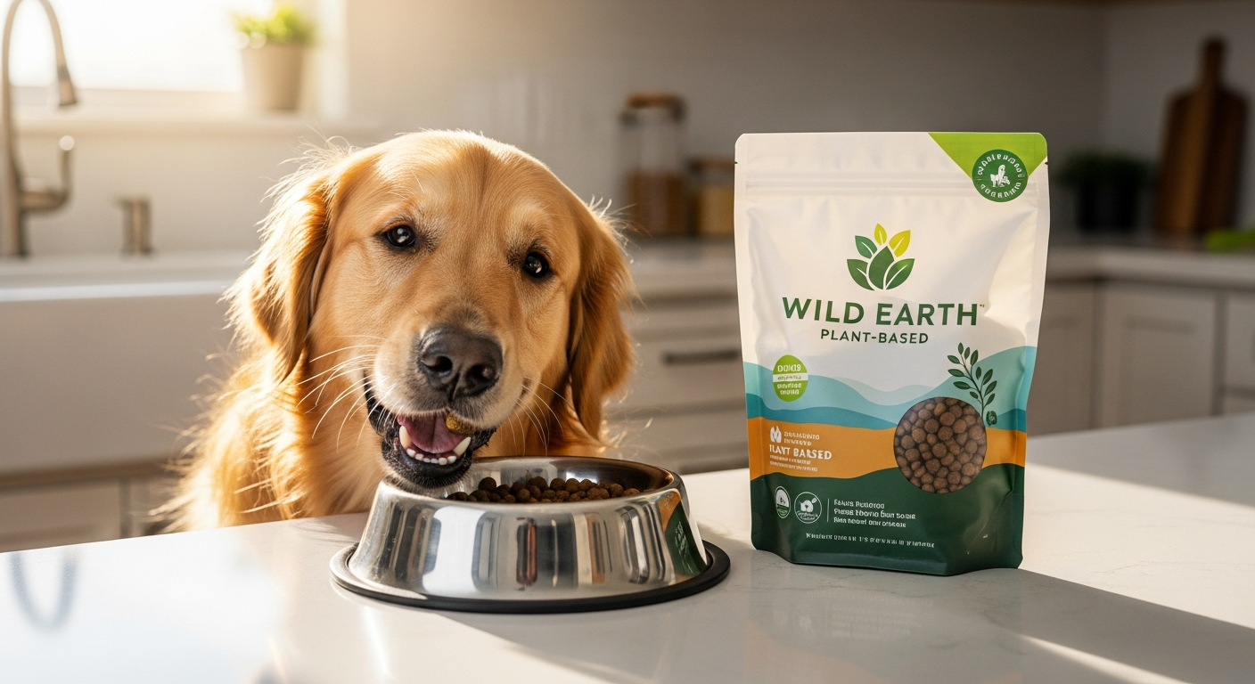 Wild Earth plant-based dog food kibble in a bowl with fresh vegetables and ingredients