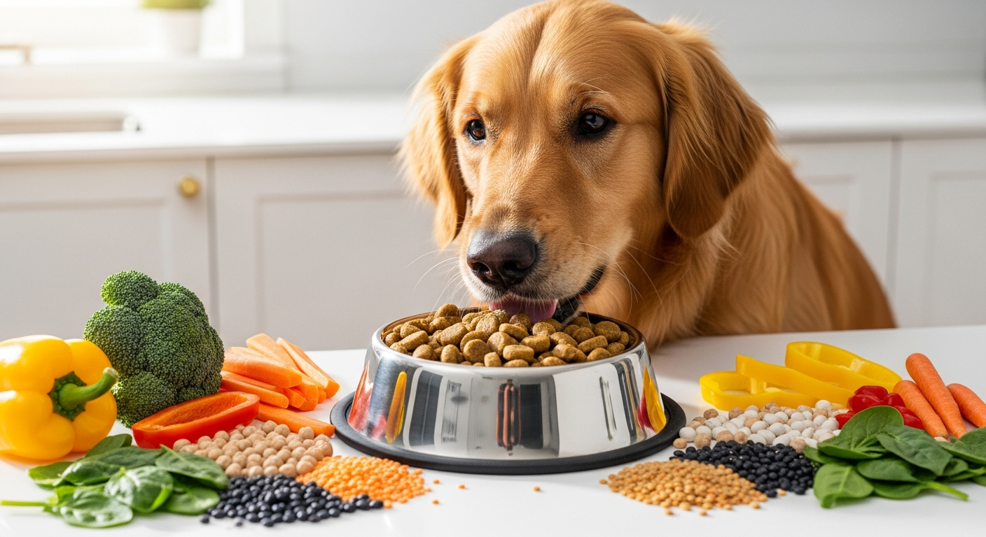 Wild Earth plant-based dog food kibble in a bowl with fresh vegetables and ingredients