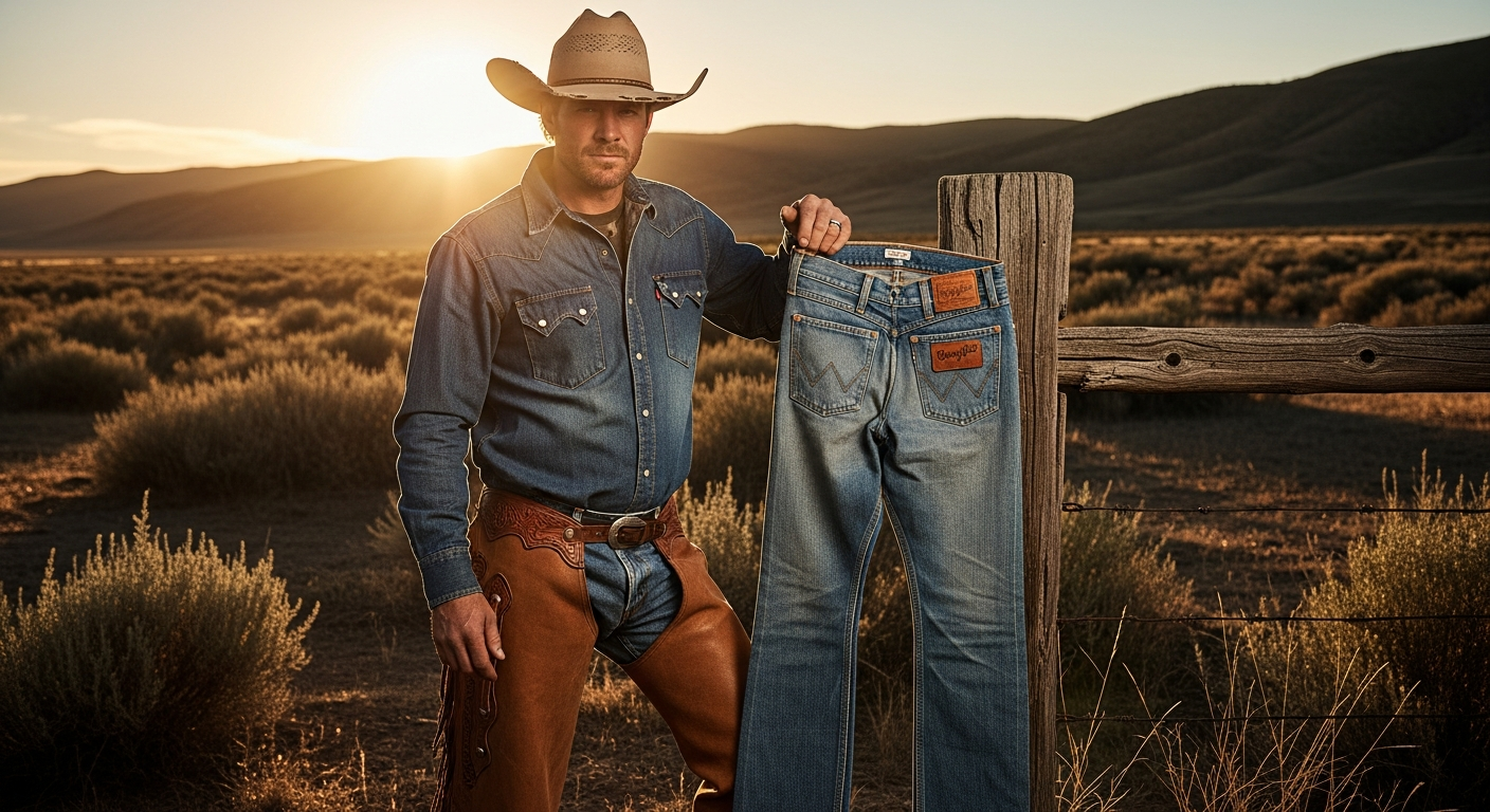 Wrangler 13MWZ Cowboy Cut Jeans displayed on a model wearing classic Western attire with boots
