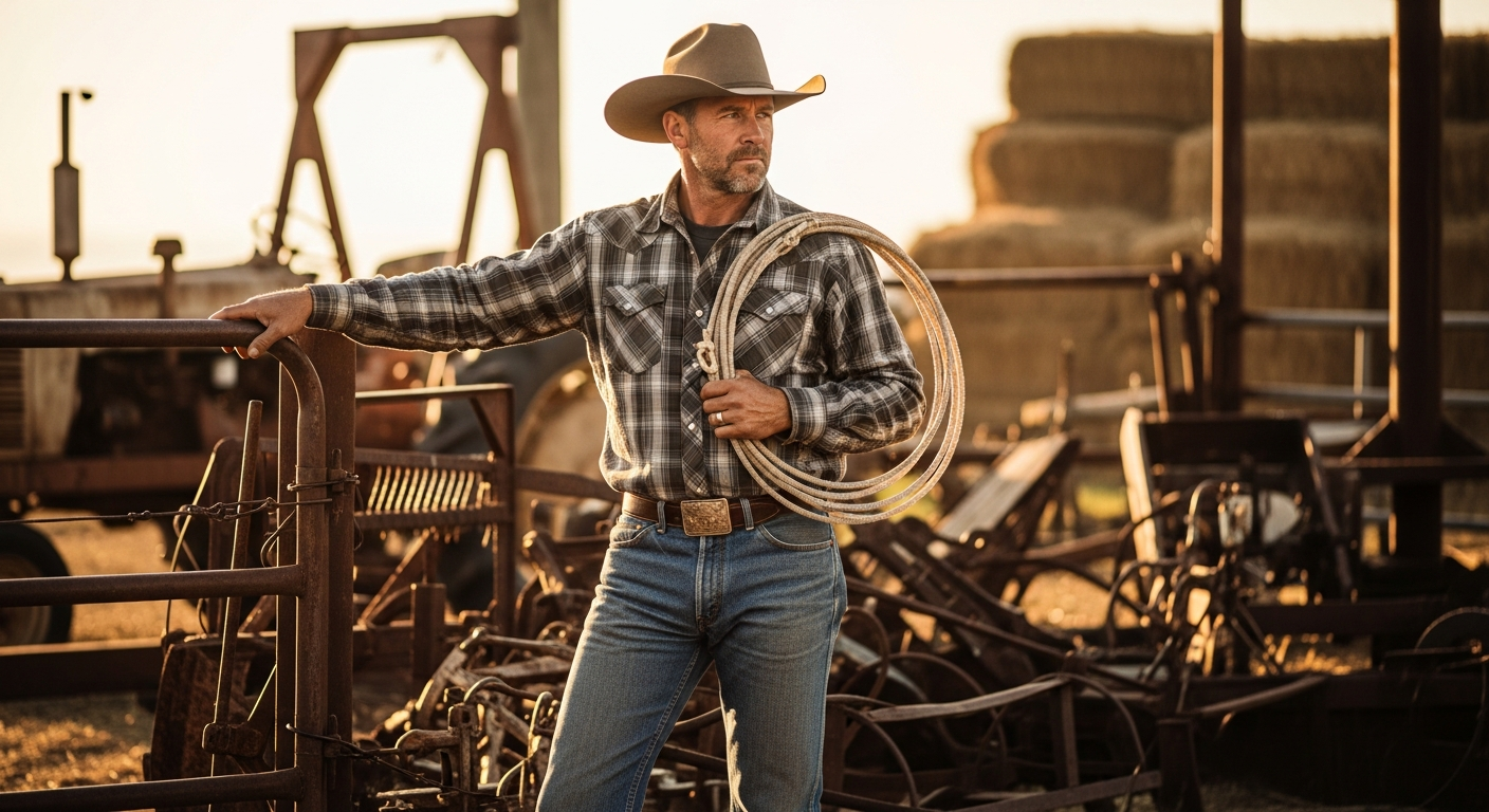 Wrangler 13MWZ Cowboy Cut Jeans displayed on a working cowboy at a ranch worksite