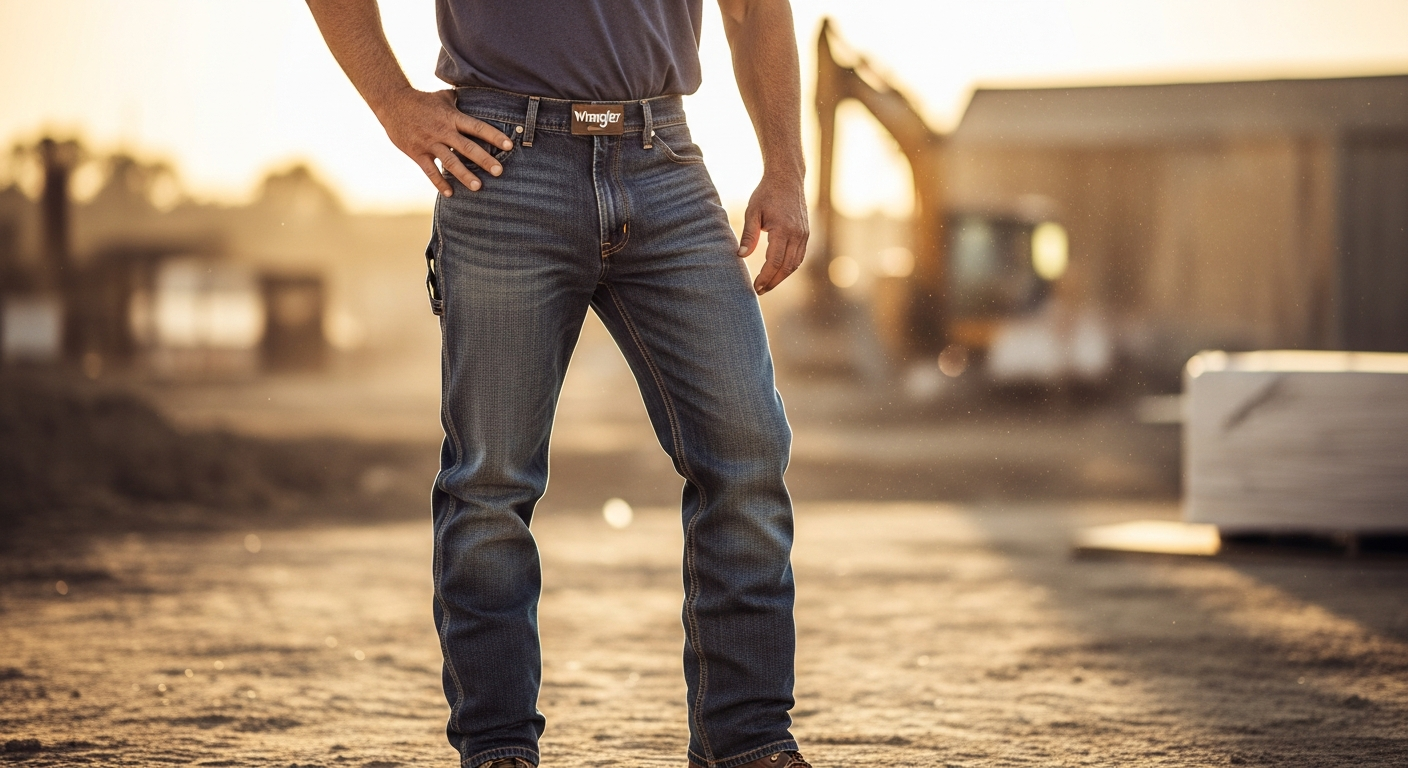 Wrangler Men's Regular Fit Comfort Flex Waist Jeans in classic blue denim with visible stitching detail