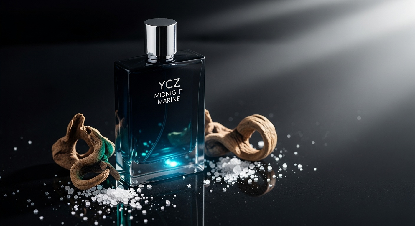 YCZ Midnight Marine Cologne bottle with aquatic blue liquid and marine-inspired packaging design