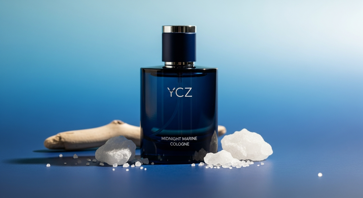 YCZ Midnight Marine Cologne bottle displayed with fresh citrus and ocean-inspired blue aesthetic background