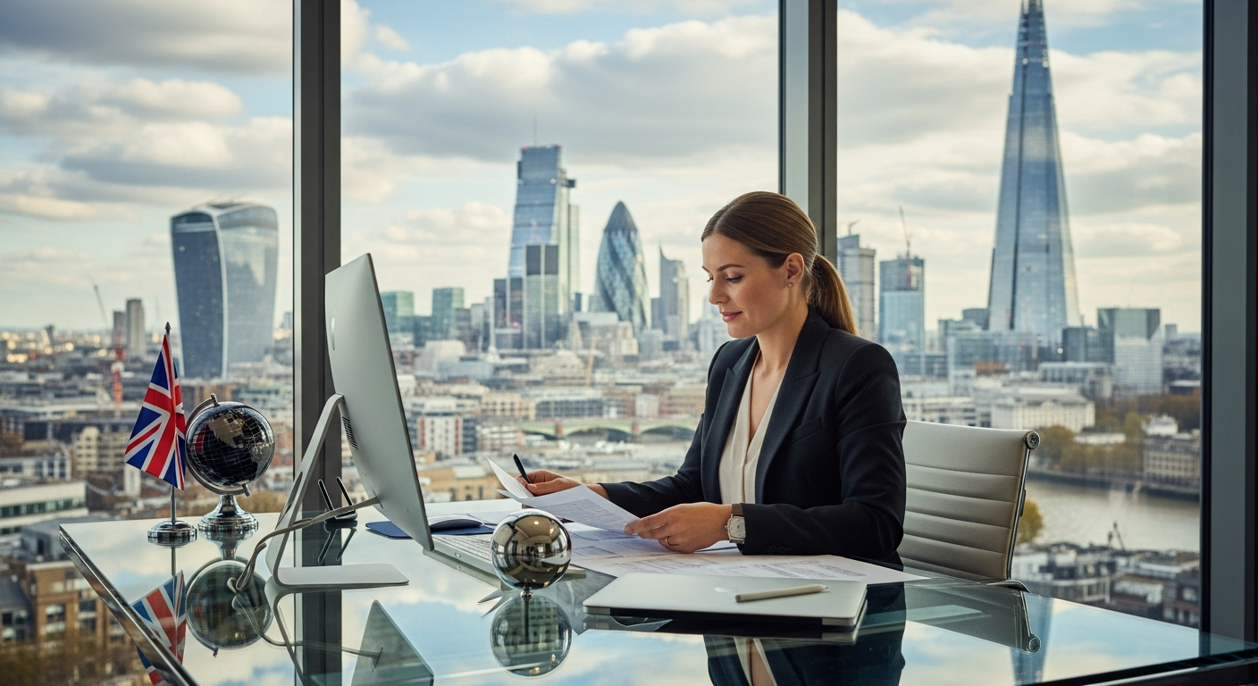 Professional London virtual office service workspace with prestigious business address and modern communication setup