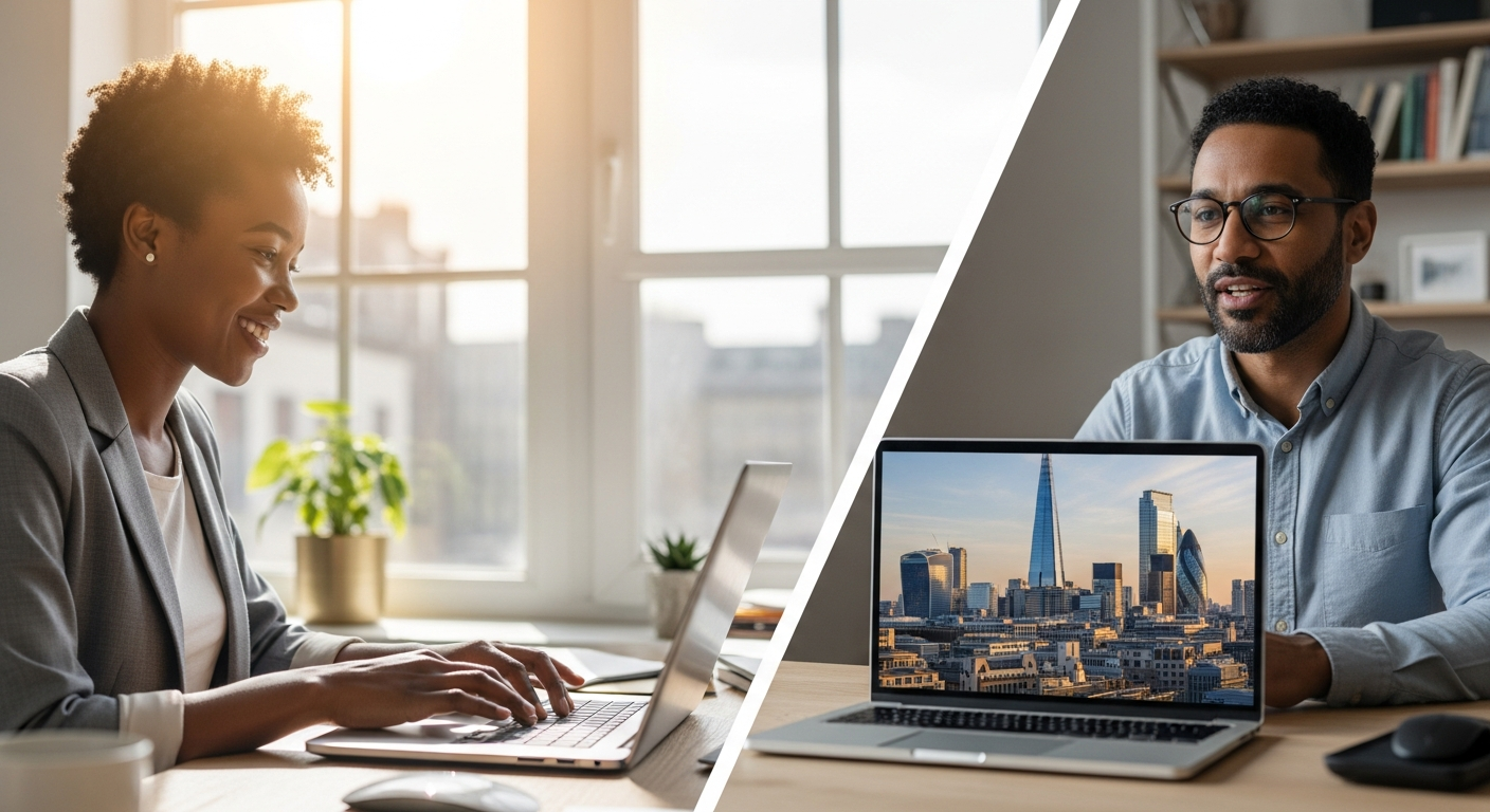 Remote team members collaborating across time zones using a professional London virtual office service for business credibility