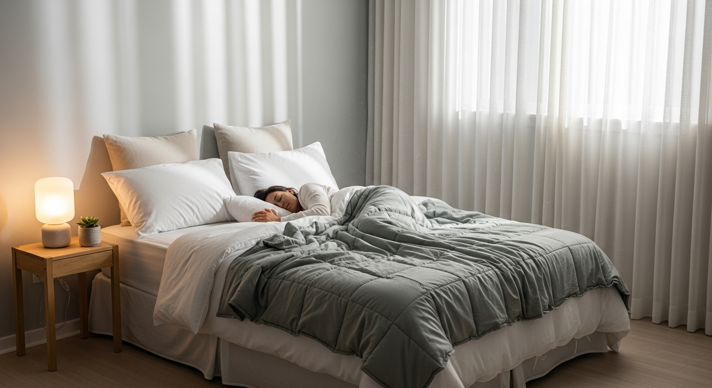 Zonli Cooling Bamboo Weighted Blanket displayed on a bed showing its bamboo viscose exterior and cooling technology design