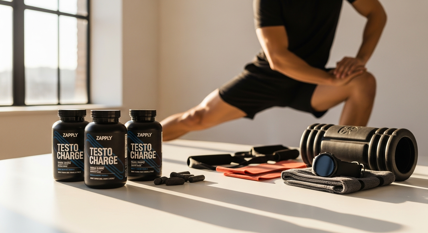 Zapply Testo Charge supplement bottle with natural ingredients for athletic performance and recovery