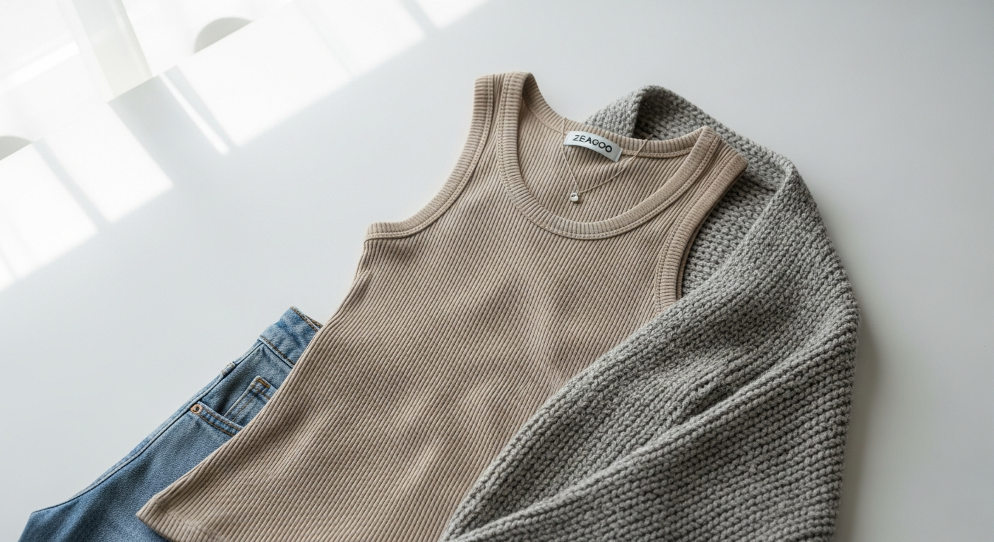 Zeagoo Women's Ribbed Tank Top in neutral color displayed on model showing flattering fit and sleek design