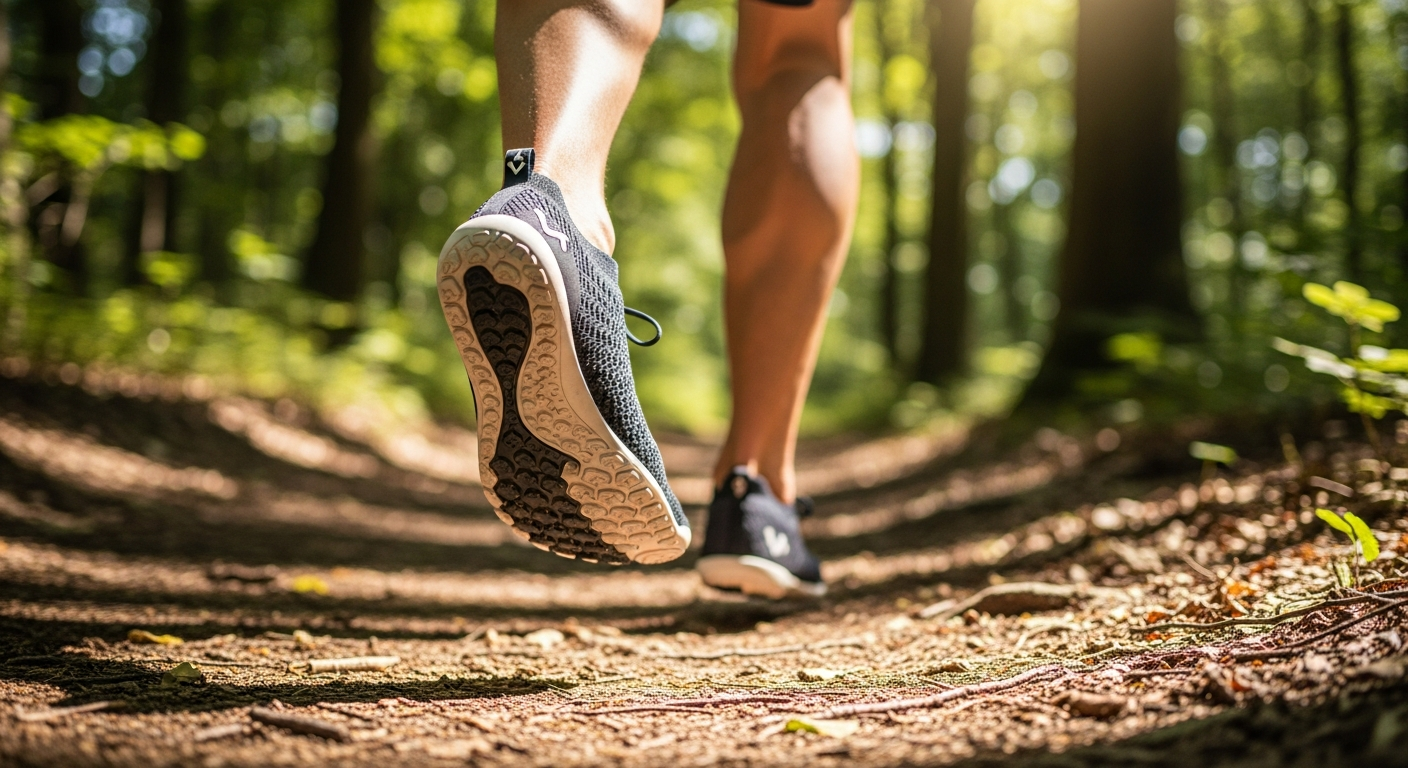 Vivobarefoot Primus Lite Knit barefoot shoe displayed on natural ground surface showing minimalist design