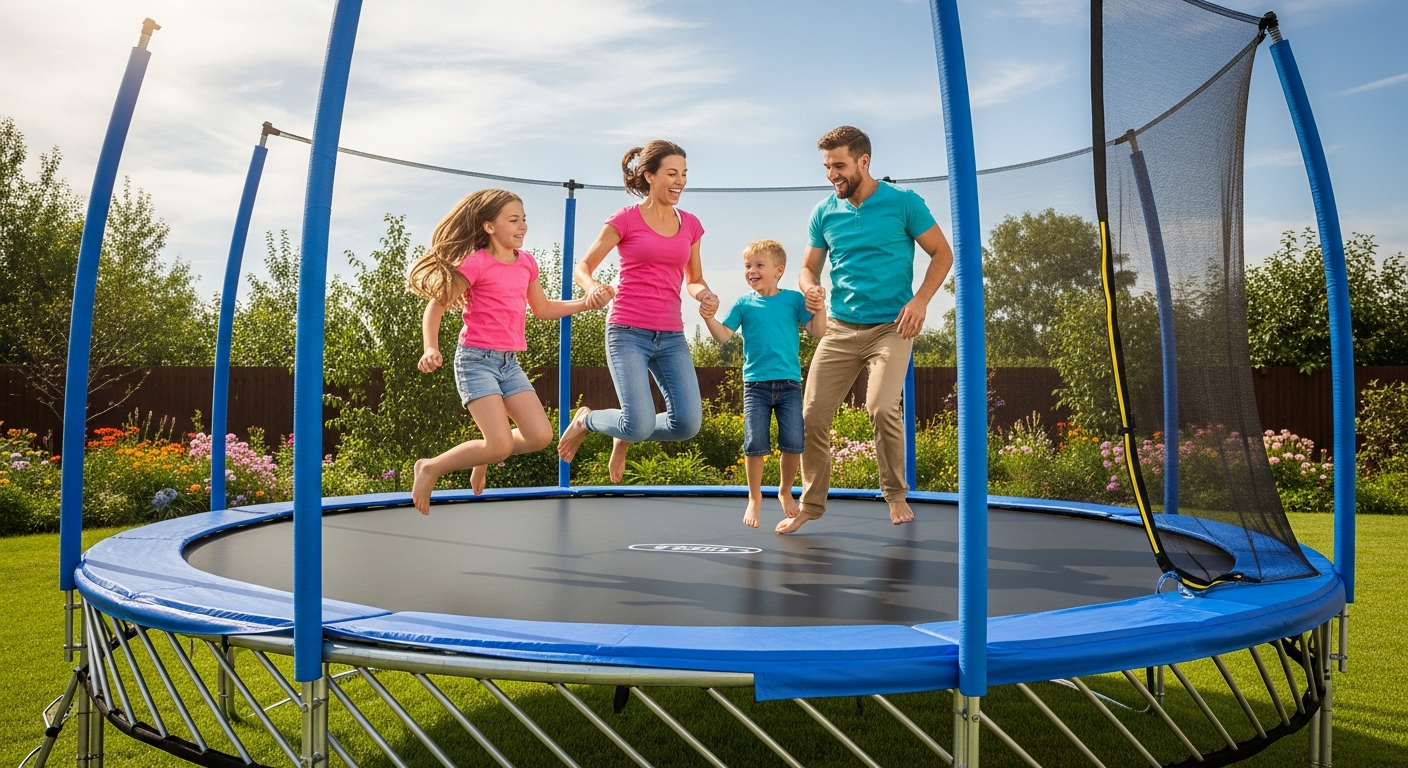 Zupapa outdoor trampoline with safety enclosure net and basketball hoop in family backyard