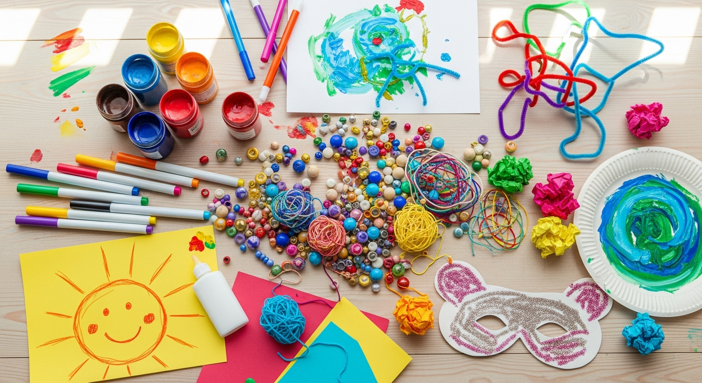Colorful children's craft kits with beads, paints, and creative materials displayed together