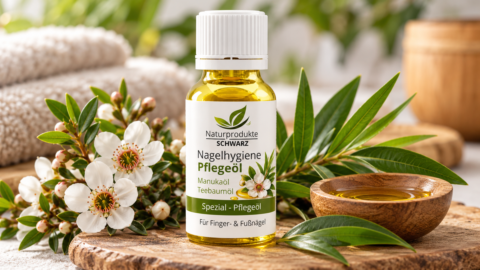 Naturprodukte Schwarz Nagelhygiene Pflegeöl mit Manukaöl und Teebaumöl für Finger- und Fußnägel, umgeben von natürlichen Blüten, grünen Blättern und einer Schale mit Pflegeöl auf einem Holztisch.