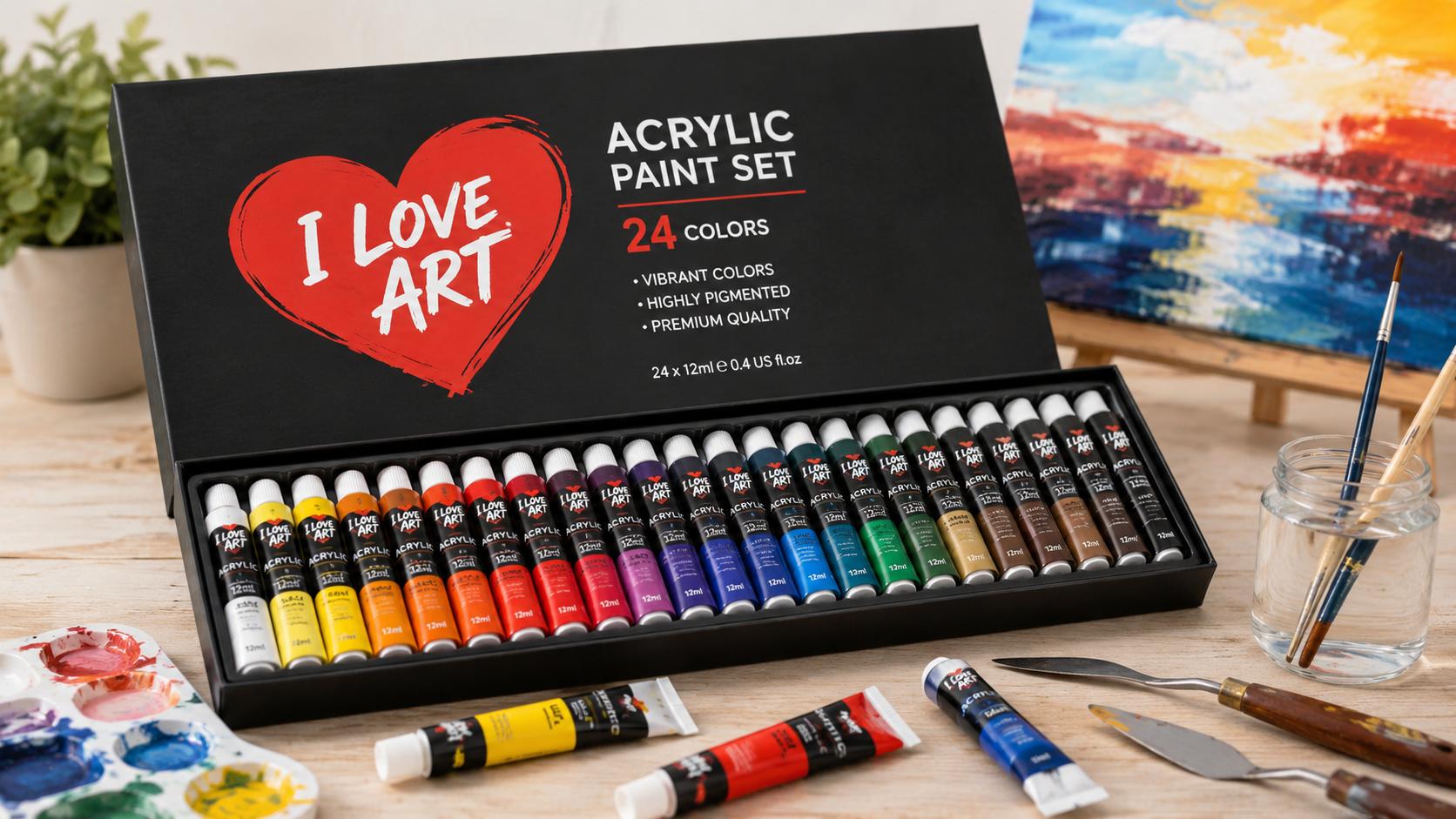 I Love Art Acrylic Paint Set featuring 24 highly pigmented acrylic paint colors in a premium storage box, ideal for canvas painting, crafts, DIY projects, and professional artwork.