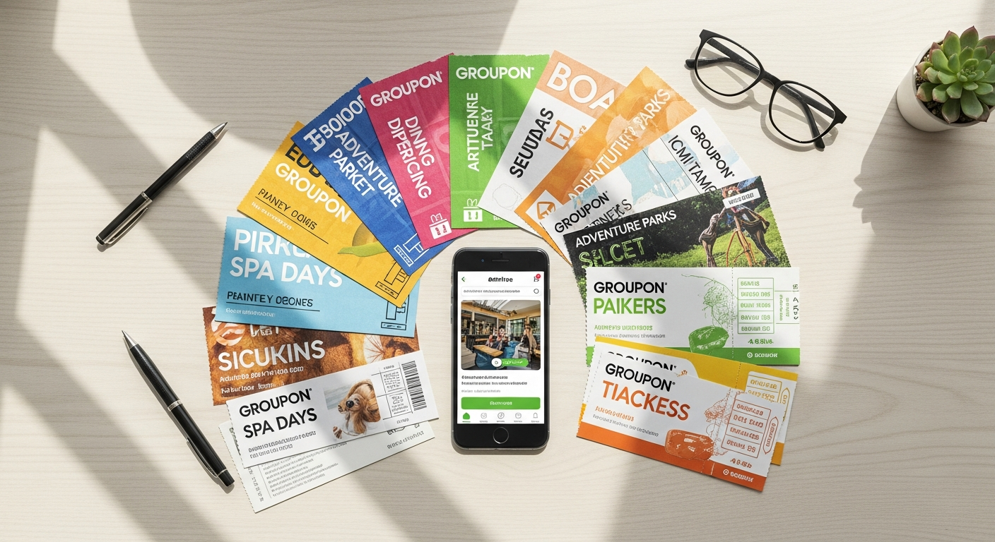 Popular Groupon local activity vouchers displayed on a smartphone screen showing spa, dining, and entertainment deals