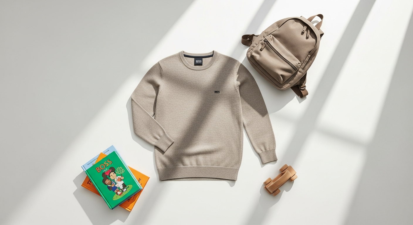 BOSS Kids' Cotton Long-Sleeved Sweater in navy blue displayed on a young child modeling designer children's clothing