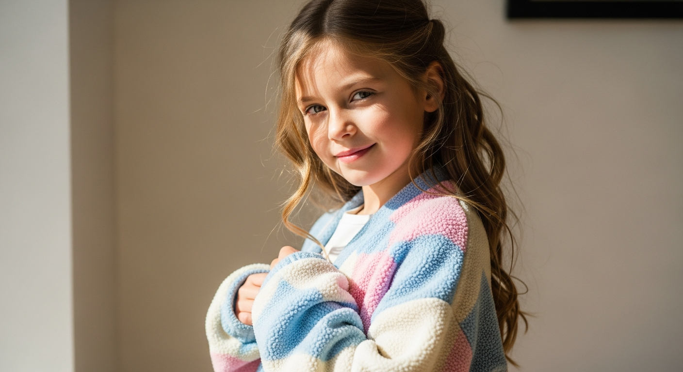 Billieblush Girls' Fleece Cardigan in pastel pink with sequin embellishments and decorative back illustration detail