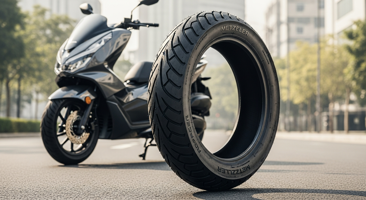 Metzeler Roadtec Scooter Tire close-up showing advanced tread pattern and dual-compound design for all-season grip