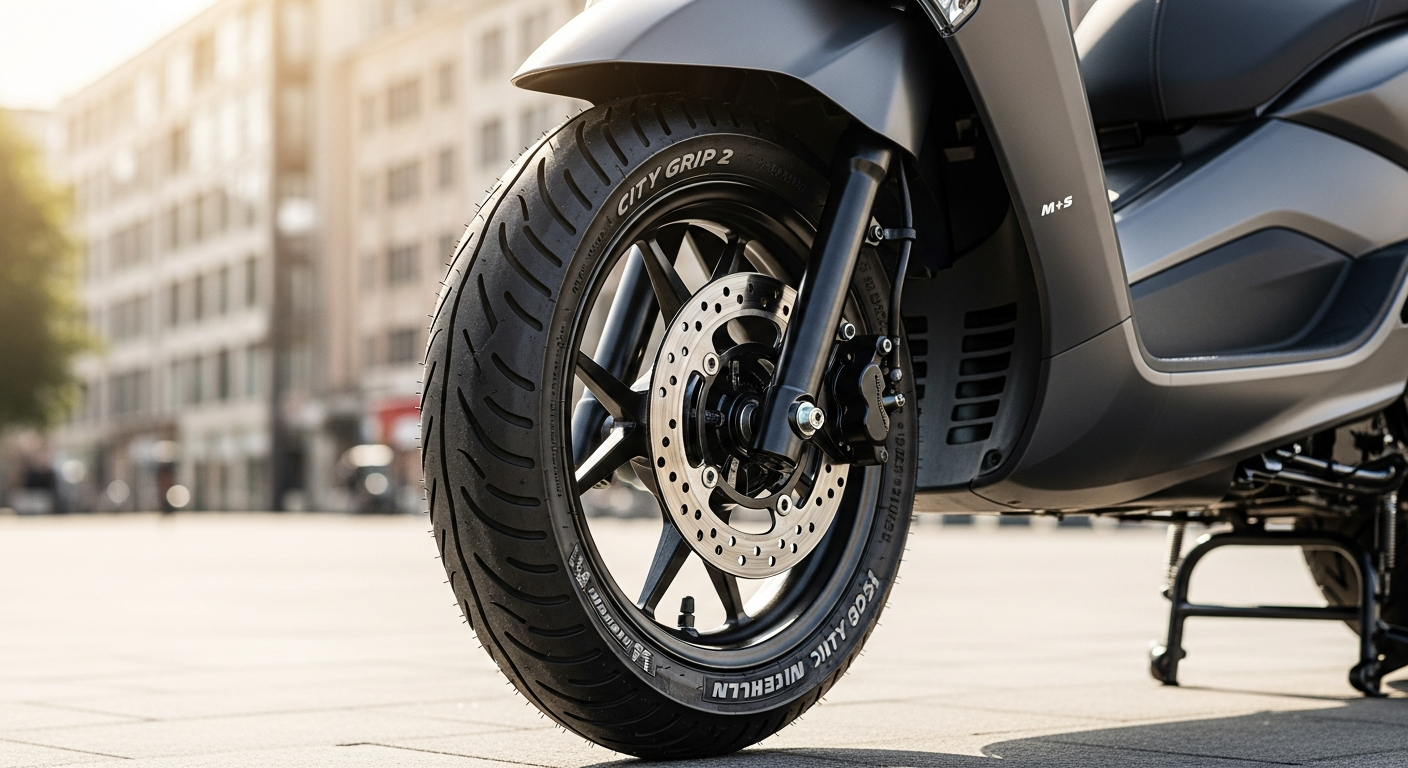 Michelin City Grip 2 scooter tire mounted on a 14-inch wheel showing tread pattern and sipe design