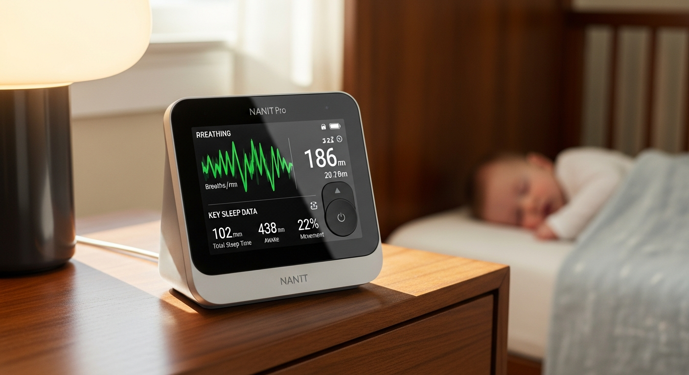 Nanit Pro Smart Baby Monitor displaying 1080p HD video feed with breathing motion tracking technology in modern nursery room