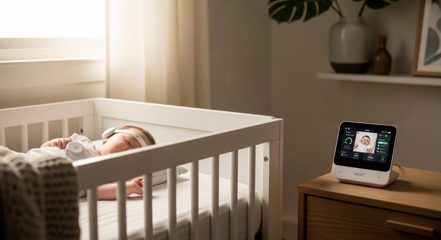 Nanit Pro Smart Baby Monitor with Breathing Wear technology displayed in modern nursery setting