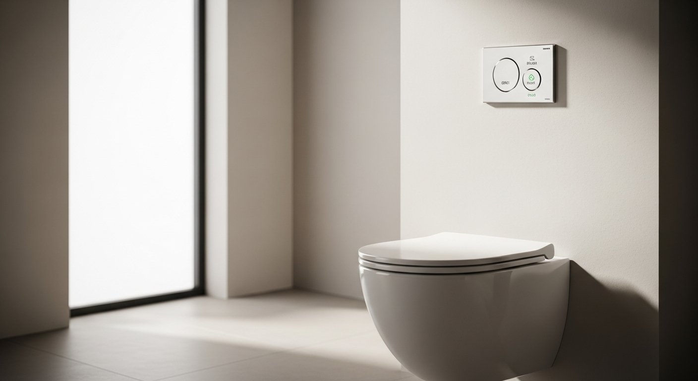 Geberit Sigma 01 dual-flush toilet plate in polished chrome finish mounted on bathroom wall