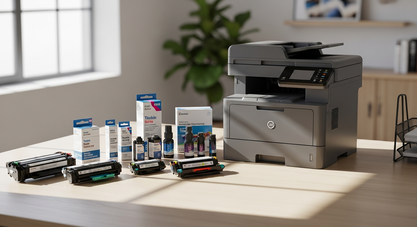 Color printer ink and toner cartridges displayed with colorful ink droplets and document samples