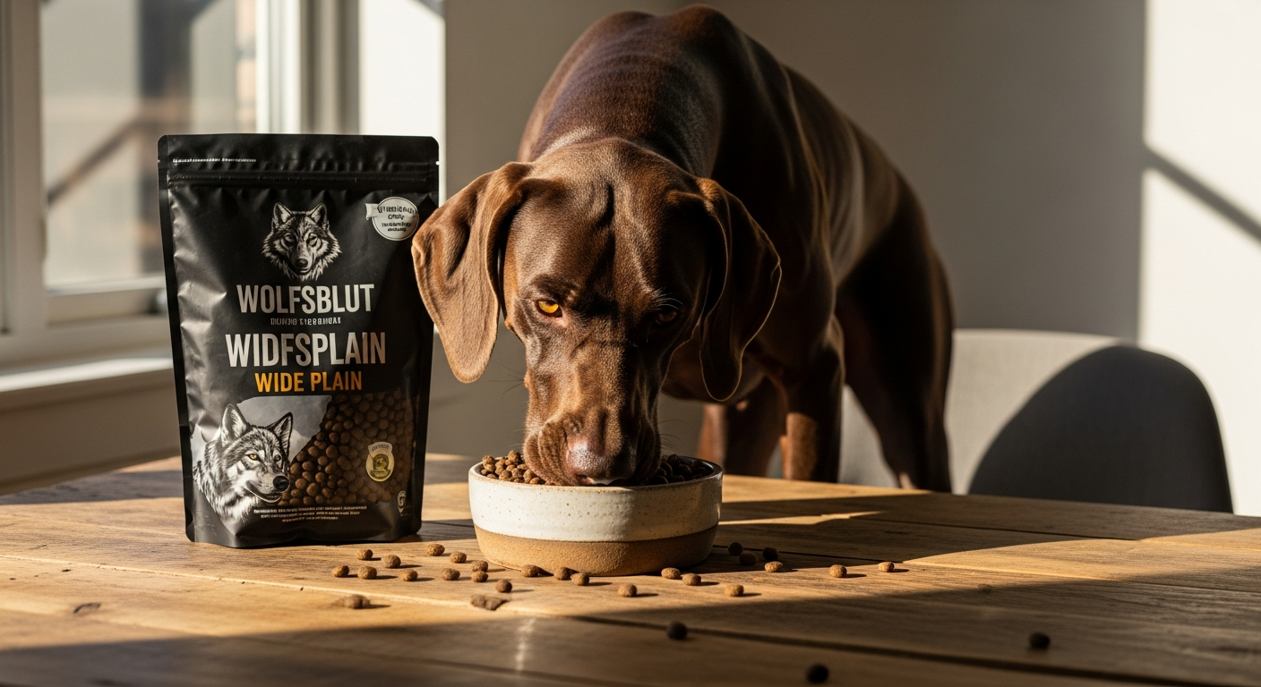 Wolfsblut Wide Plain Large Breed dog food package with horse meat formula and sweet potato ingredients displayed