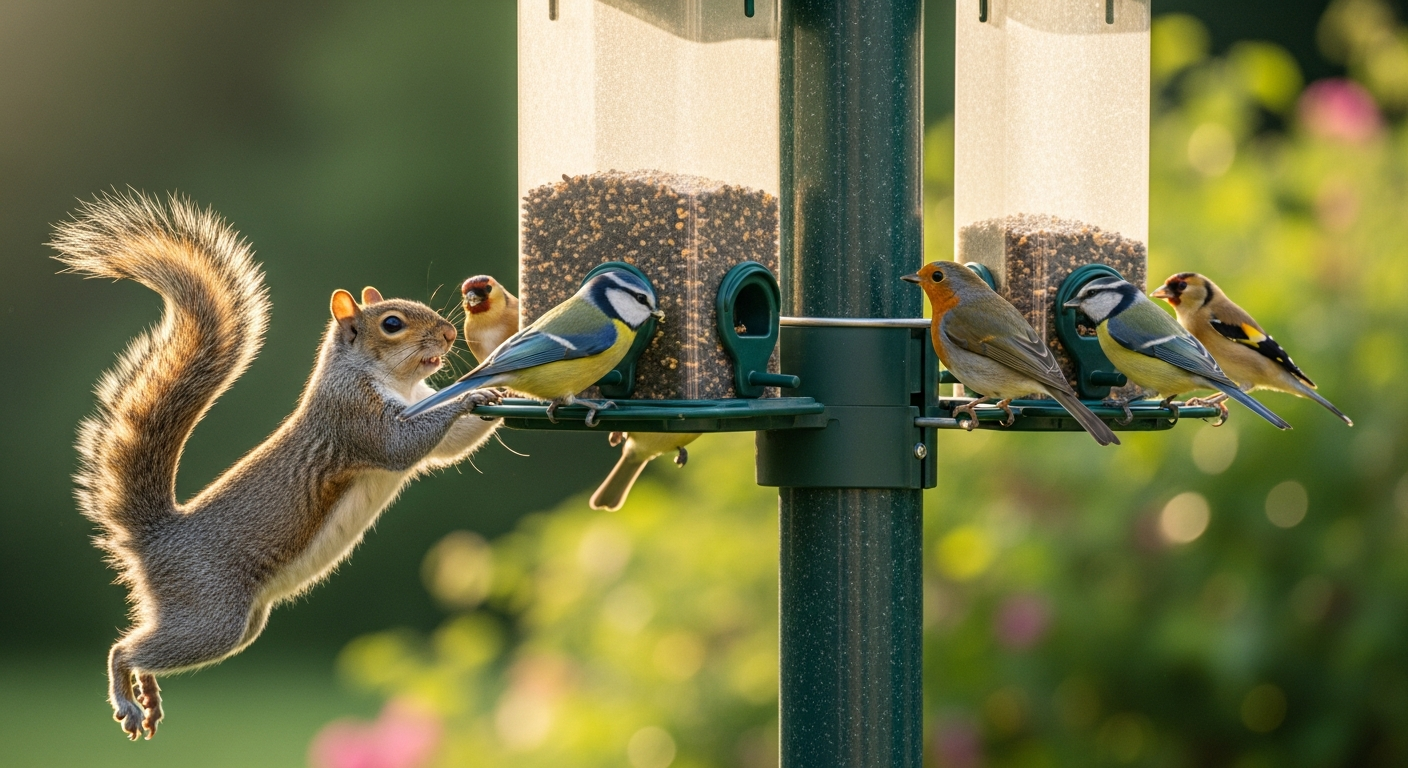 Roamwild PestOff squirrel proof bird feeder with spring-loaded ports and rust-proof metal construction