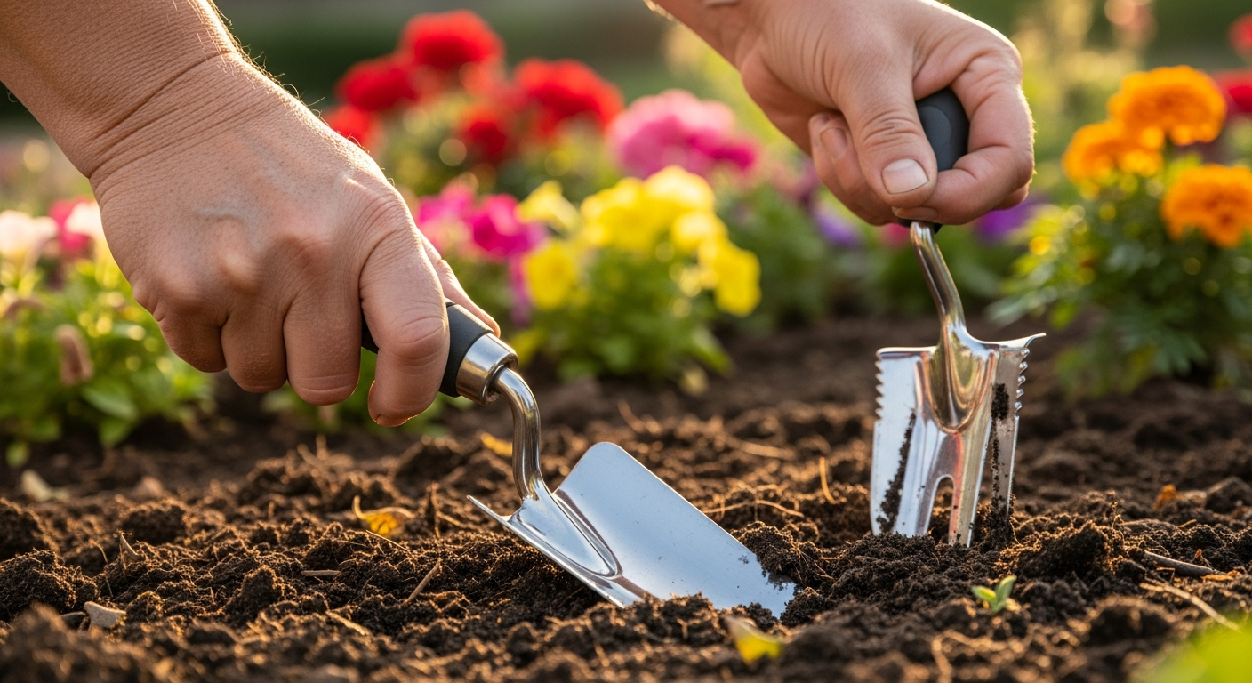Roamwild Multi-Digger Hand Trowel with dual-grip ergonomic design for arthritis-friendly gardening