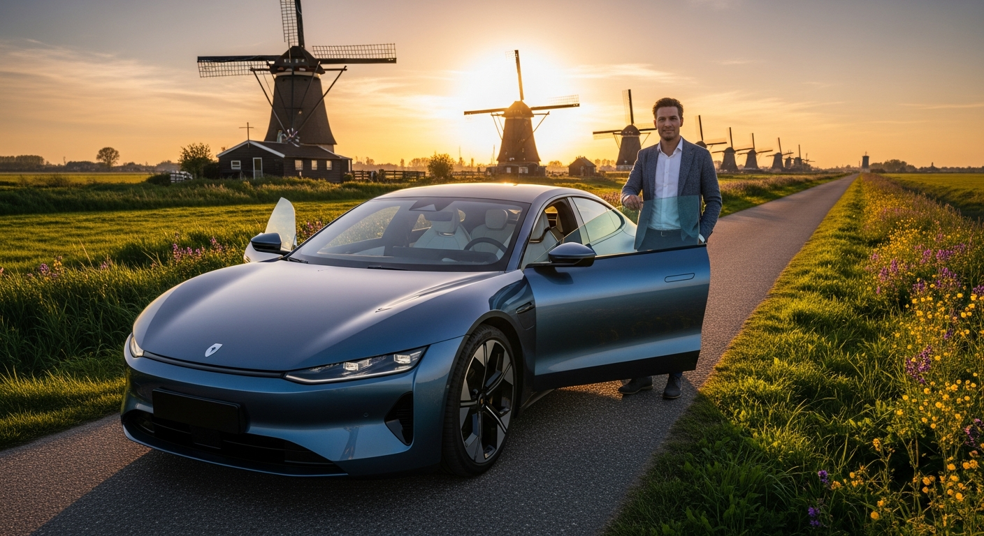 A sleek modern BMW sedan parked at Amsterdam Schiphol Airport with Netherlands countryside in background