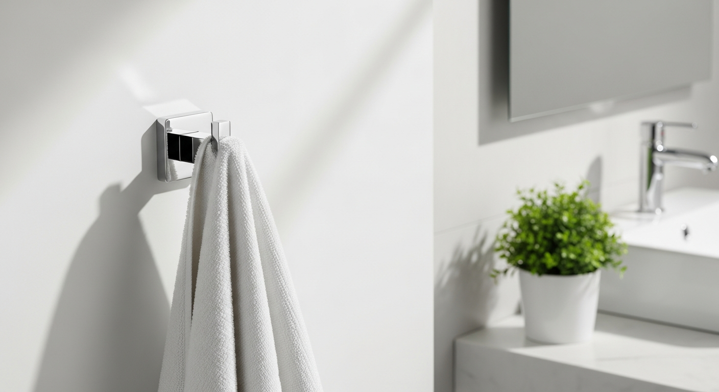 Polished chrome compact towel hook mounted on white bathroom wall