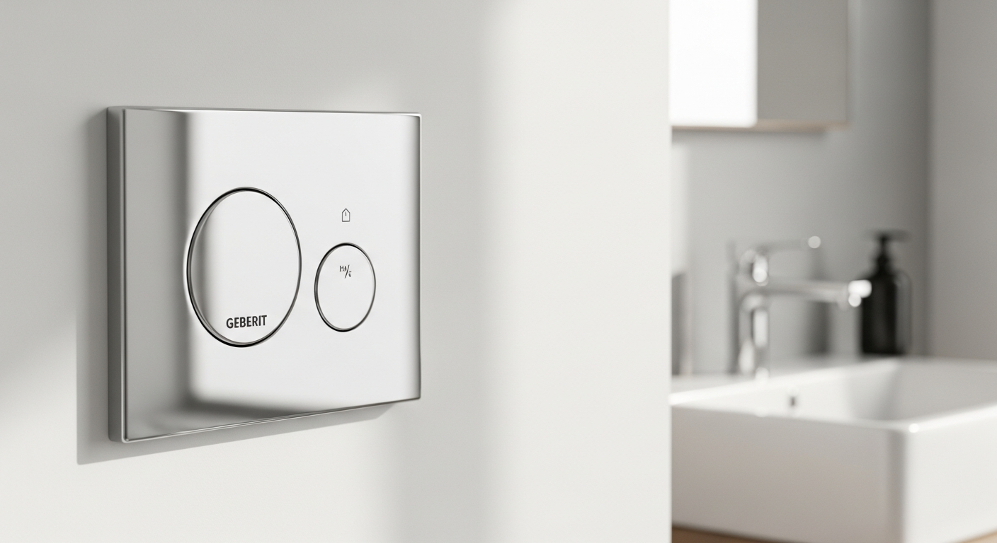 Geberit Sigma 01 dual-flush actuator plate in polished chrome finish mounted on concealed cistern