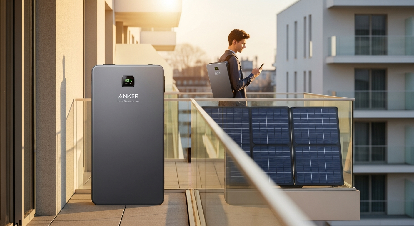 Anker SOLIX Solarbank 2 E1600 Pro balcony solar storage system mounted on apartment balcony railing with solar panels