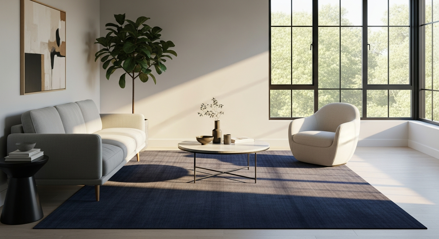 Signature Indigo Wool Viscose Rug displayed in a modern rental apartment living room setting