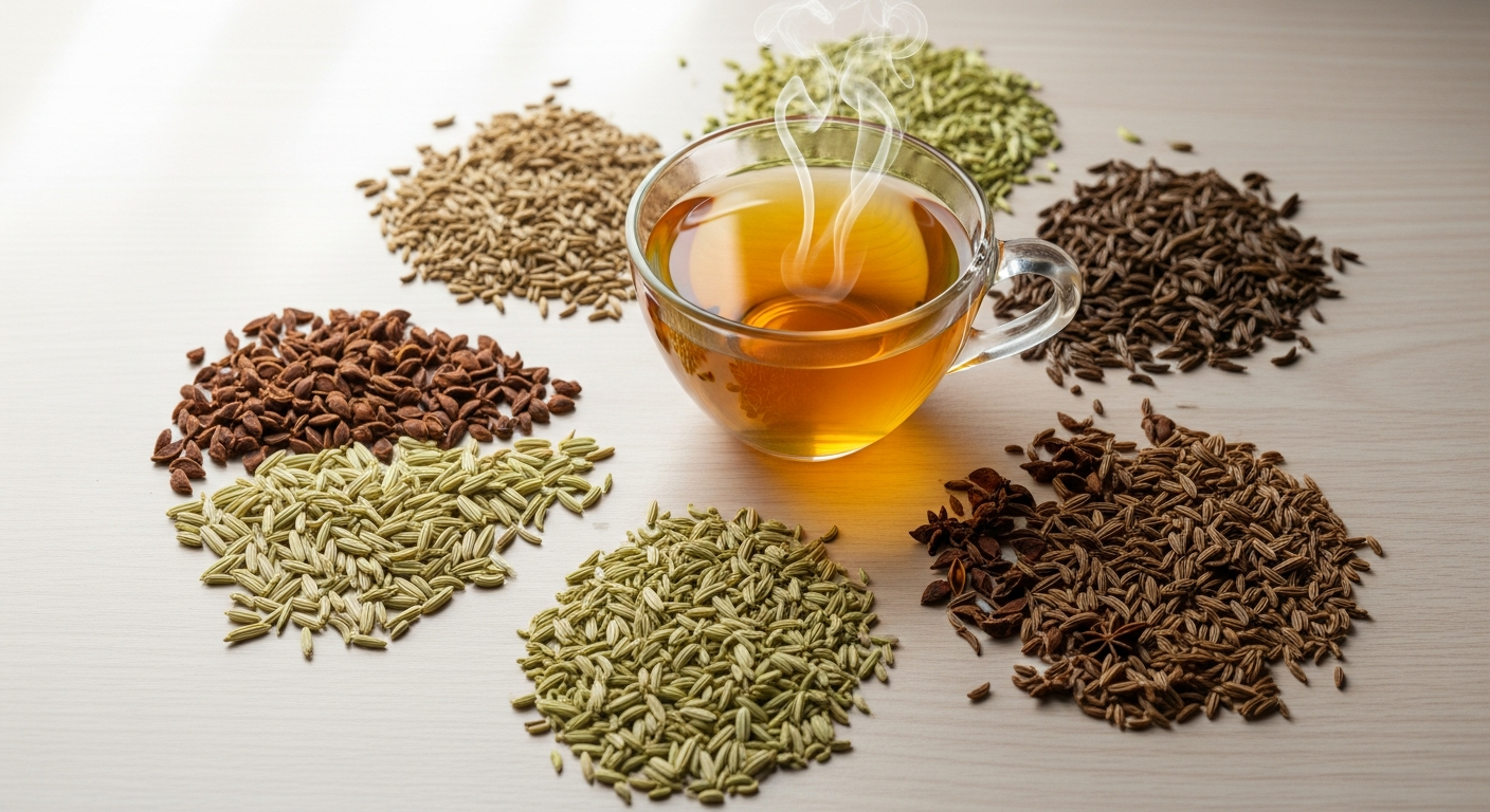 Organic fennel anise caraway tea leaves in a glass infuser cup with steam rising
