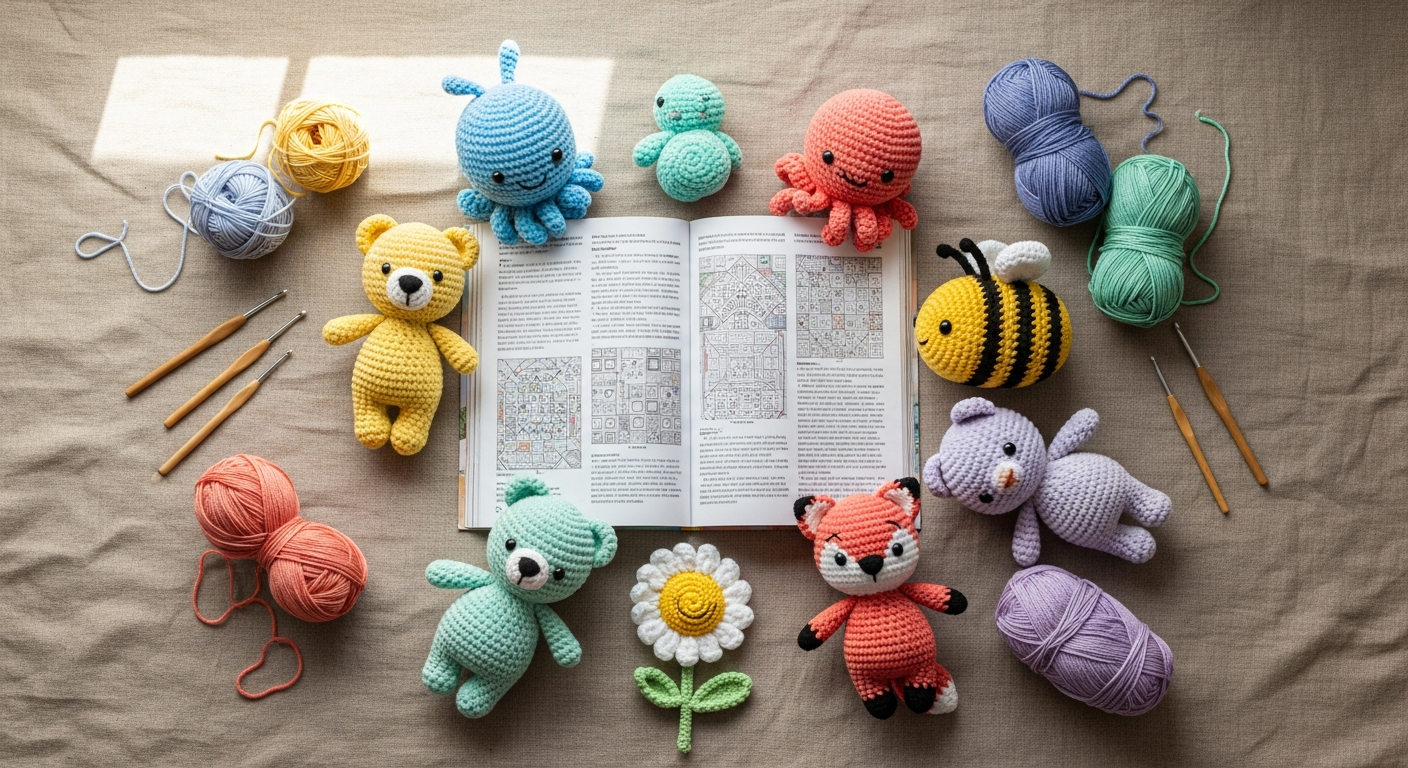 Schmuse-Schnuffels Häkelbuch cover with colorful crocheted amigurumi animals displayed