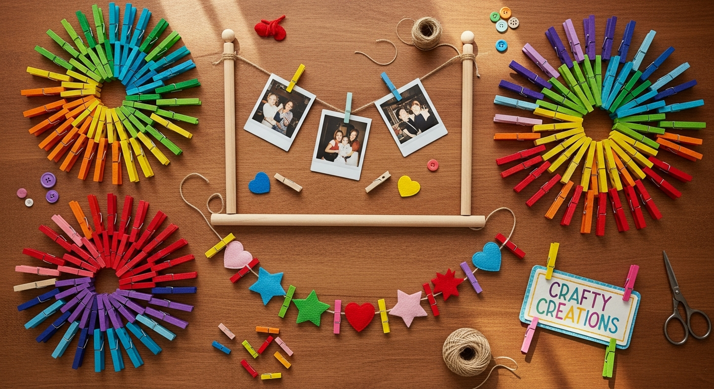 Wooden clothespins arranged colorfully with paint and craft supplies for DIY projects