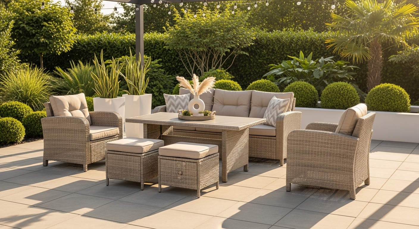 vidaXL 5-Piece Poly Rattan Patio Sofa Set with black cushions and glass coffee table on outdoor patio